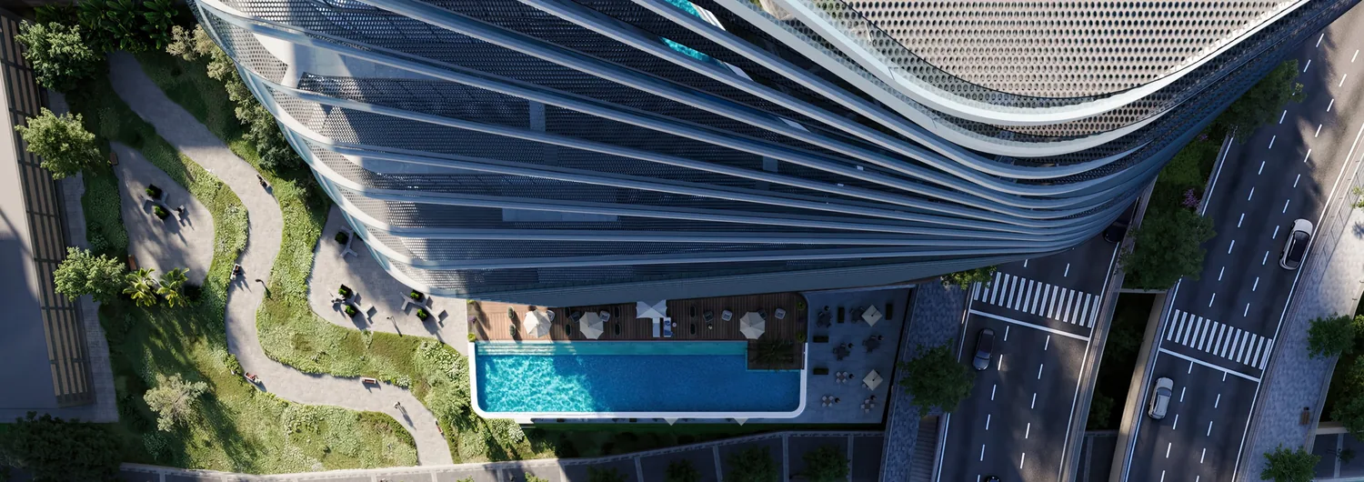 Aerial architectural detail of Marlin Icon's fluid contemporary design and landscaped surroundings