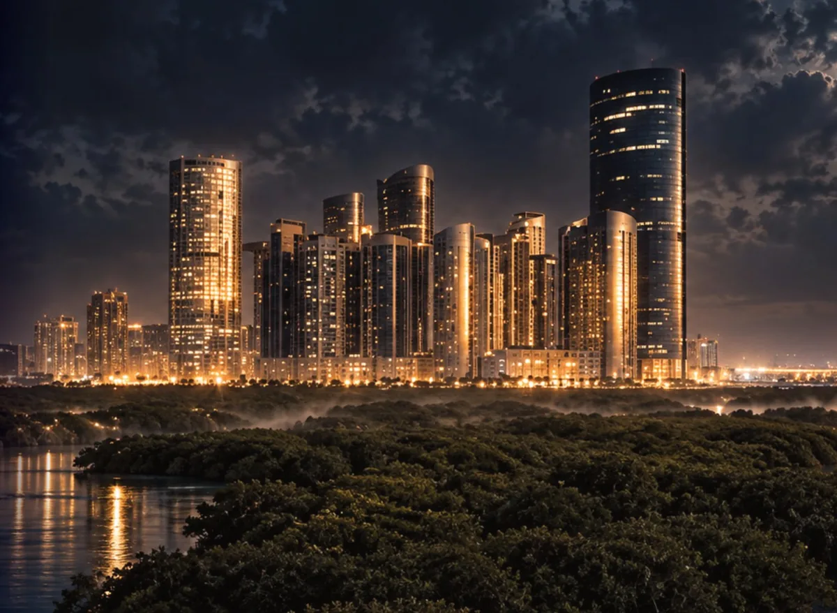 Al Reem Island Abu Dhabi skyline and waterside mangroves at twilight