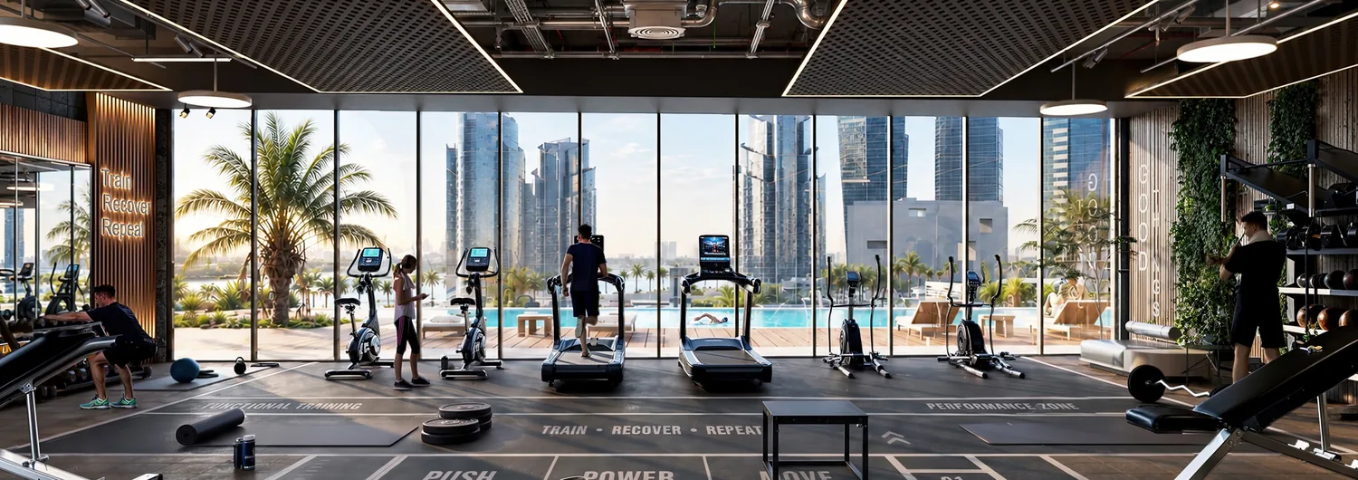 Modern residents gym with floor-to-ceiling city views