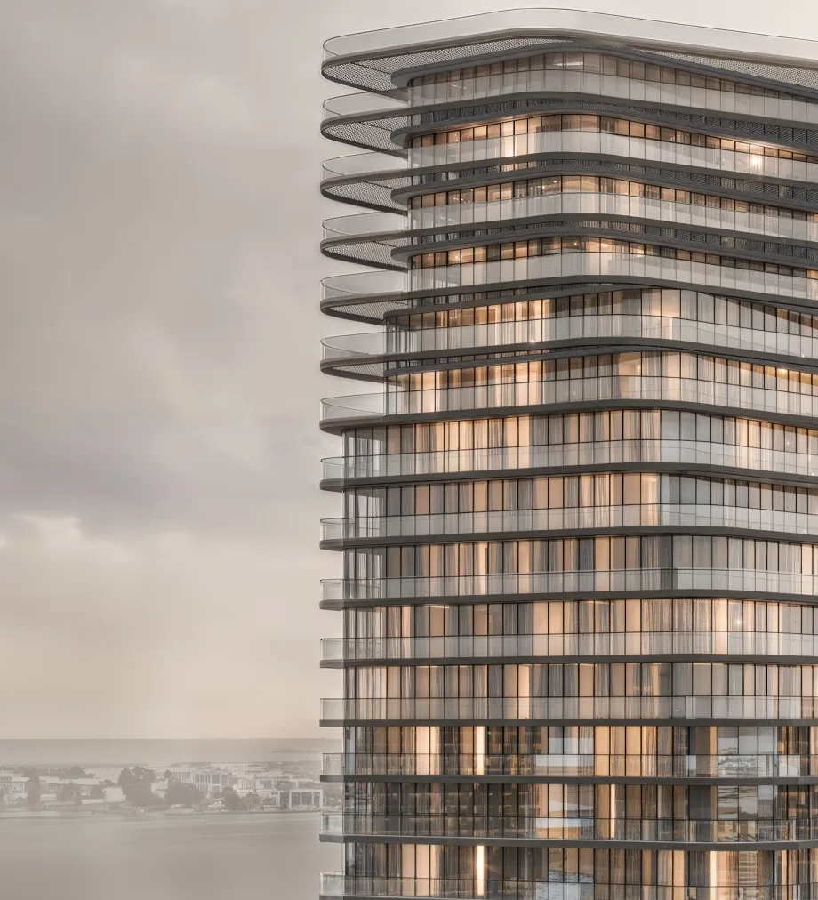 Architectural rendering of Marlin Icon's gently curving waterfront tower on Al Reem Island
