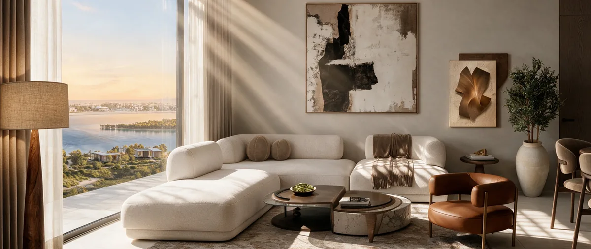 Marlin Icon residential interior rendering with light natural finishes and water views